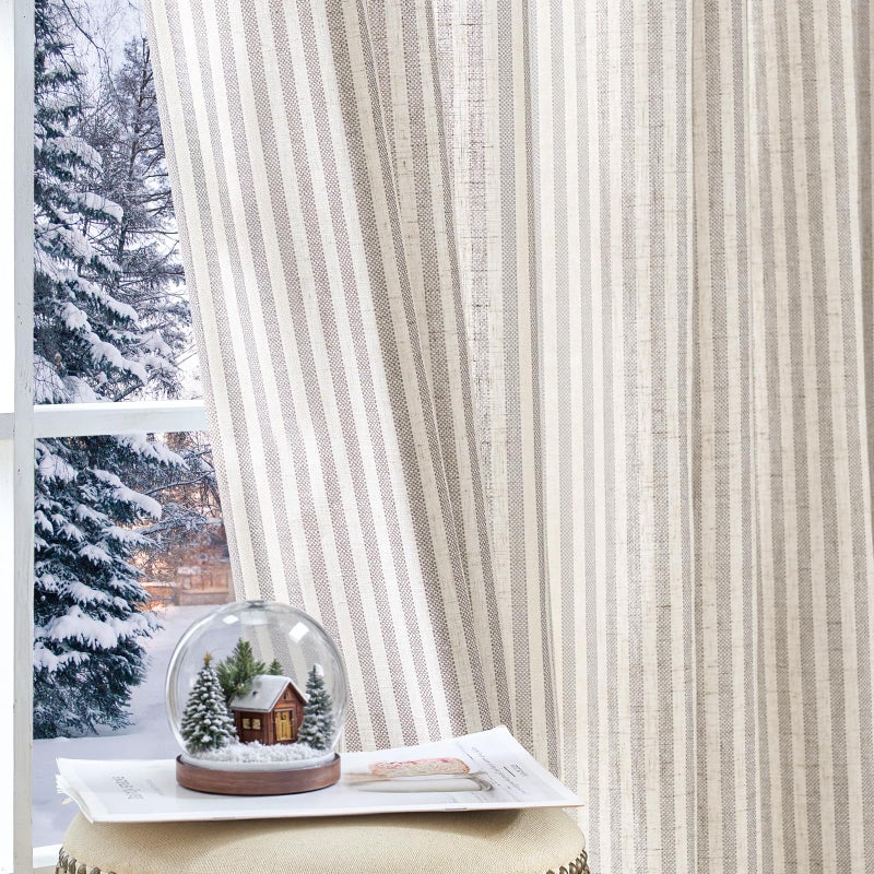 jinchan Linen Curtains for Living Room Taupe Grey on Beige Striped Curtains for Bedroom Ticking Stripe Light Filtering Farmhouse Cottage Core Rustic Grommet Window Treatment 2 Panels 84 inches - Image 1